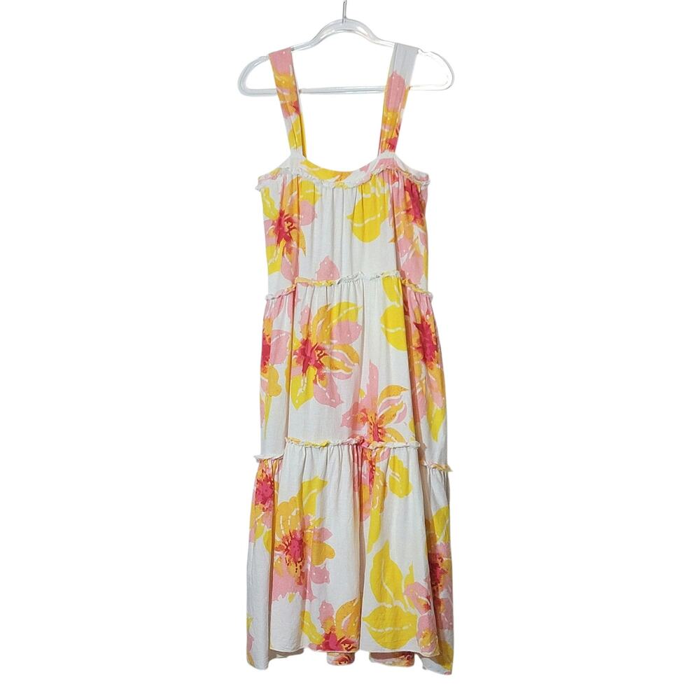Free People Moonshine Tiered Floral Dress Sleeveless Midi Tropical White Pink XS